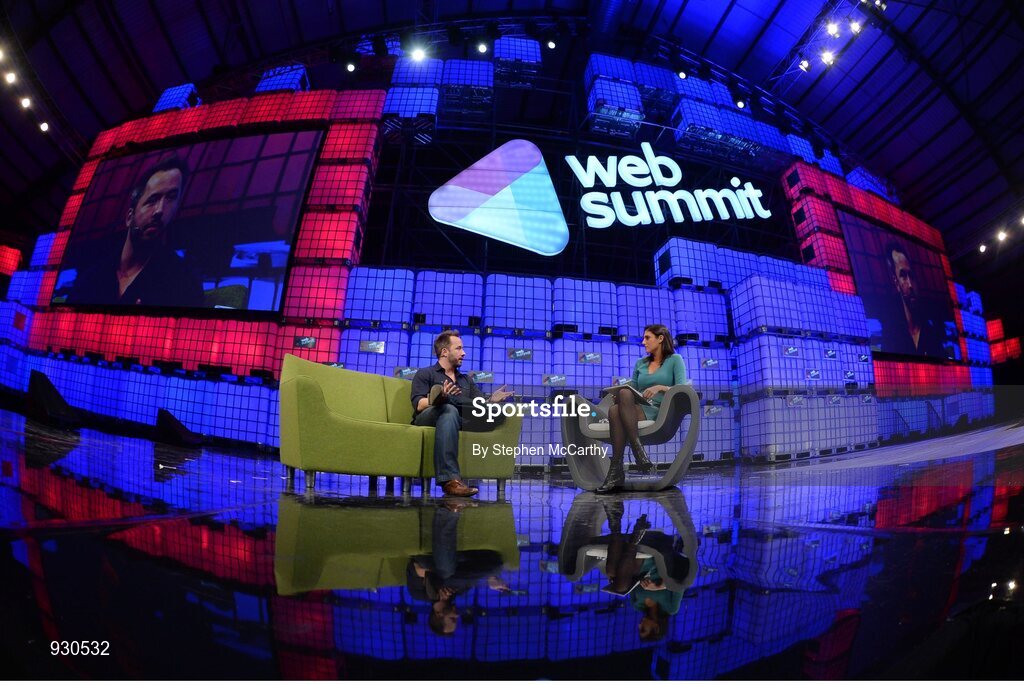4 November 2014; Drew Houston, Founder, Dropbox, in Conversation with Laurie Segall, CNN,  on the centre stage during Day 1 of the 2014 Web Summit in the RDS, Dublin, Ireland. Picture credit: Stephen McCarthy / SPORTSFILE / Web Summit