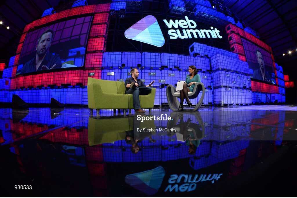 4 November 2014; Drew Houston, Founder, Dropbox, in Conversation with Laurie Segall, CNN,  on the centre stage during Day 1 of the 2014 Web Summit in the RDS, Dublin, Ireland. Picture credit: Stephen McCarthy / SPORTSFILE / Web Summit