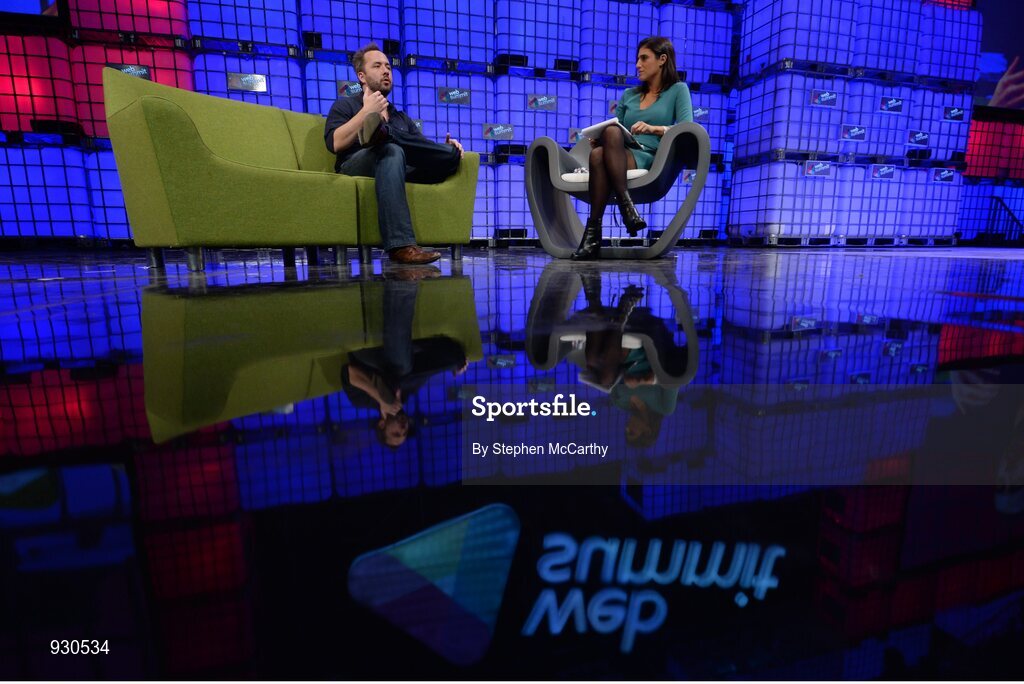 4 November 2014; Drew Houston, Founder, Dropbox, in Conversation with Laurie Segall, CNN,  on the centre stage during Day 1 of the 2014 Web Summit in the RDS, Dublin, Ireland. Picture credit: Stephen McCarthy / SPORTSFILE / Web Summit