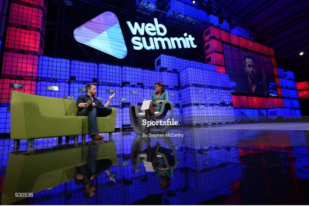 4 November 2014; Drew Houston, Founder, Dropbox, in Conversation with Laurie Segall, CNN,  on the centre stage during Day 1 of the 2014 Web Summit in the RDS, Dublin, Ireland. Picture credit: Stephen McCarthy / SPORTSFILE / Web Summit