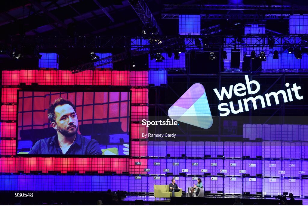 4 November 2014; Drew Houston, Founder, Dropbox, left, and Laurie Segall, Tech Reporter, CNN, on the centre stage during Day 1 of the 2014 Web Summit in the RDS, Dublin, Ireland. Picture credit: Ramsey Cardy / SPORTSFILE / Web Summit