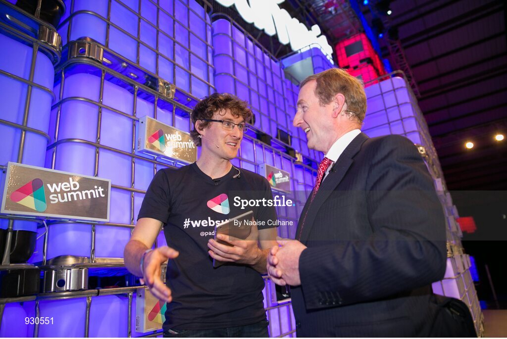 4 November 2014; An Taoiseach Enda Kenny with Paddy Cosgrave, Founder and CEO, Web Summit, backstage at the centre stage during Day 1 of the 2014 Web Summit in the RDS, Dublin, Ireland. Picture credit: Naoise Culhane / SPORTSFILE / Web Summit