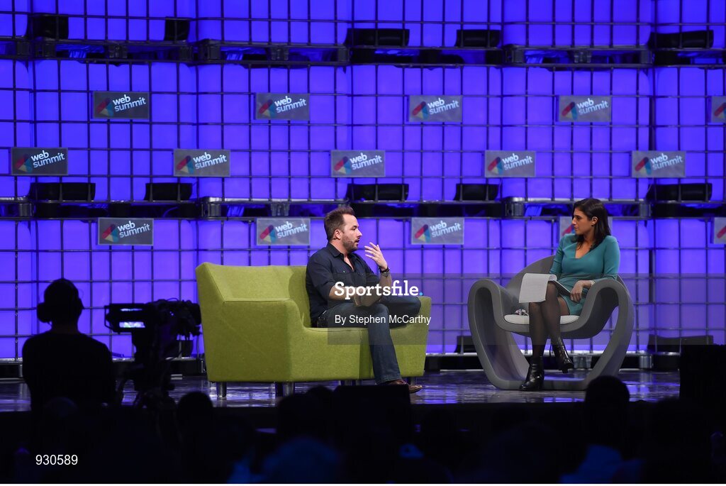 4 November 2014; Drew Houston, Founder, Dropbox, in conversation with Laurie Segall, CNN, on the centre stage during Day 1 of the 2014 Web Summit in the RDS, Dublin, Ireland. Picture credit: Stephen McCarthy / SPORTSFILE / Web Summit