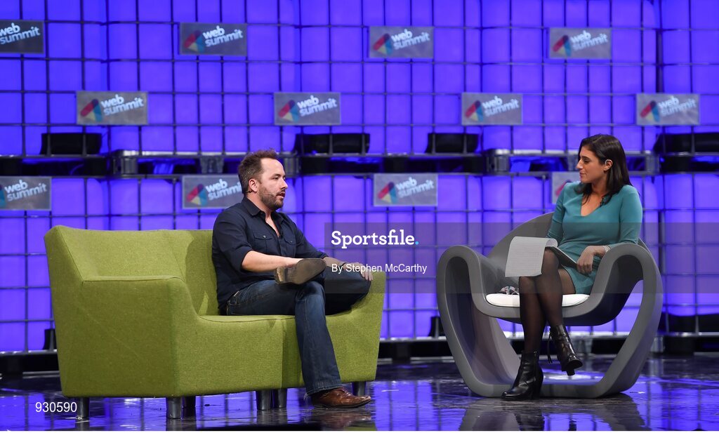 4 November 2014; Drew Houston, Founder, Dropbox, in conversation with Laurie Segall, CNN, on the centre stage during Day 1 of the 2014 Web Summit in the RDS, Dublin, Ireland. Picture credit: Stephen McCarthy / SPORTSFILE / Web Summit