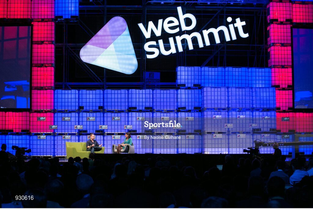4 November 2014; Drew Houston, Founder, Dropbox, in Conversation with Laurie Segall, CNN, on the centre stage during Day 1 of the 2014 Web Summit in the RDS, Dublin, Ireland. Picture credit: Naoise Culhane / SPORTSFILE / Web Summit