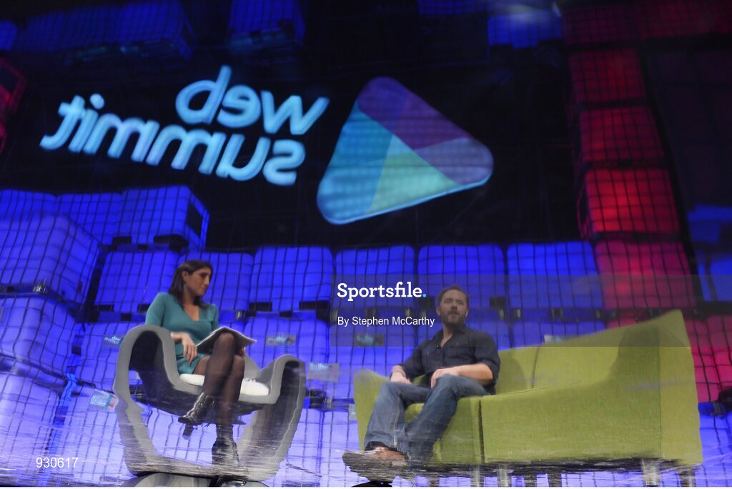 4 November 2014; Drew Houston, Founder, Dropbox, in Conversation with Laurie Segall, CNN,  on the centre stage during Day 1 of the 2014 Web Summit in the RDS, Dublin, Ireland. Picture credit: Stephen McCarthy / SPORTSFILE / Web Summit