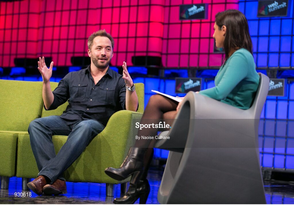 4 November 2014; Drew Houston, Founder, Dropbox, in Conversation with Laurie Segall, CNN, on the centre stage during Day 1 of the 2014 Web Summit in the RDS, Dublin, Ireland. Picture credit: Naoise Culhane / SPORTSFILE / Web Summit