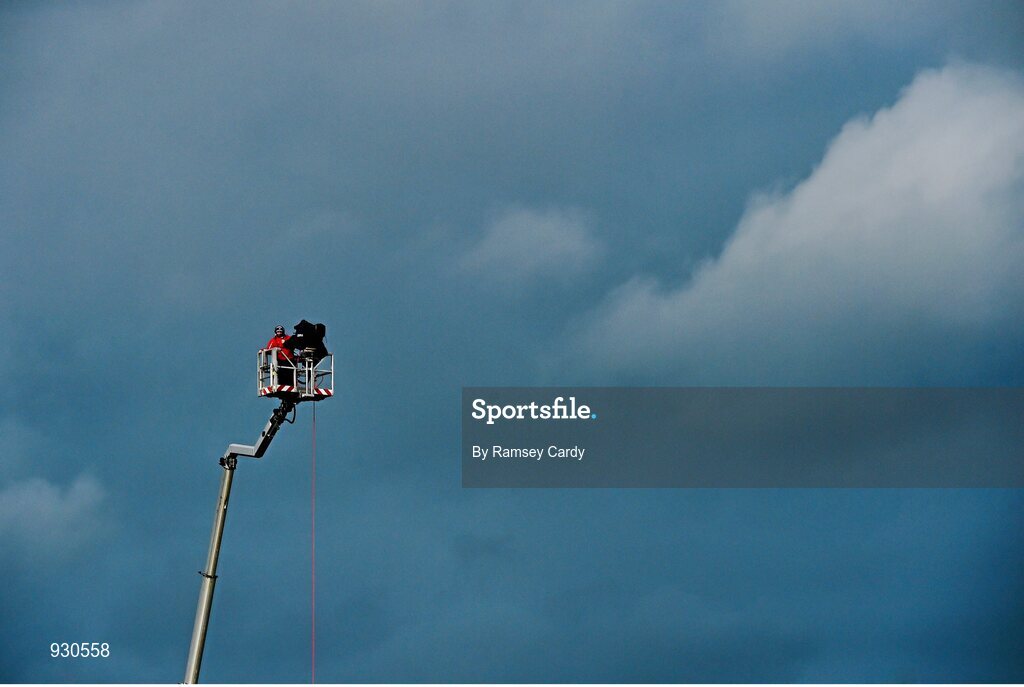 2 November 2014; A TV cameraman ahead of the game. AIB Ulster GAA Football Senior Club Championship, Quarter-Final, Omagh St Enda’s v Crossmaglen Rangers, Healy Park, Omagh, Co. Tyrone. Picture credit: Ramsey Cardy / SPORTSFILE