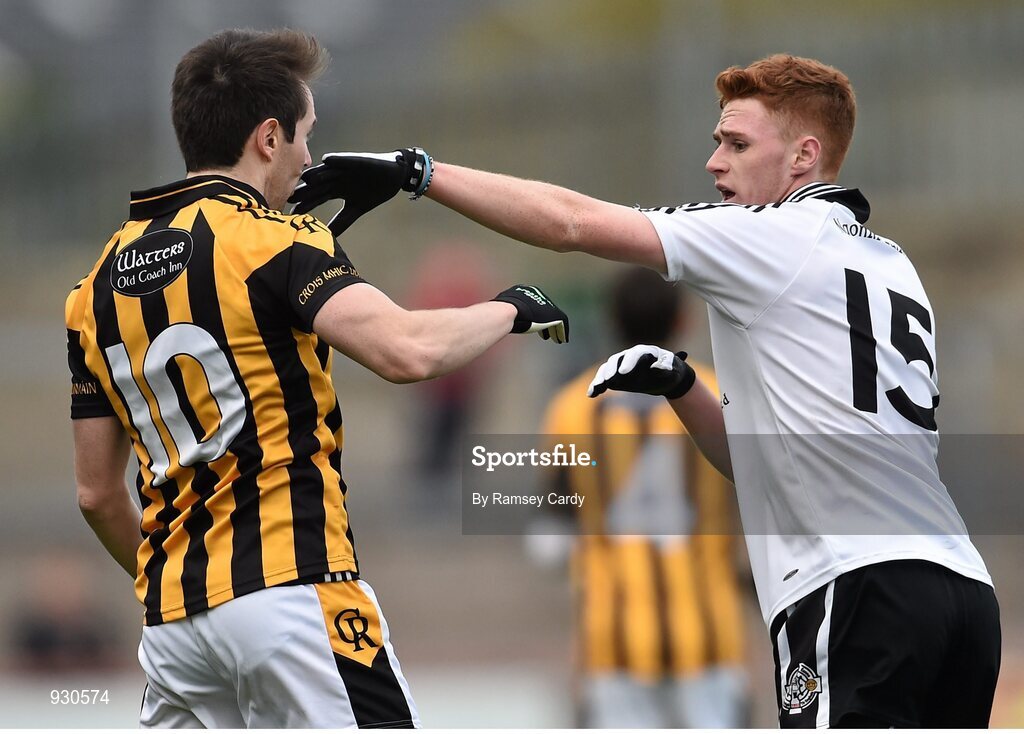 2 November 2014; Tony Kernan, Crossmaglen Rangers, and Conor Meyler, Omagh St Enda’s involved in a tussle during the game. AIB Ulster GAA Football Senior Club Championship, Quarter-Final, Omagh St Enda’s v Crossmaglen Rangers, Healy Park, Omagh, Co. Tyrone. Picture credit: Ramsey Cardy / SPORTSFILE