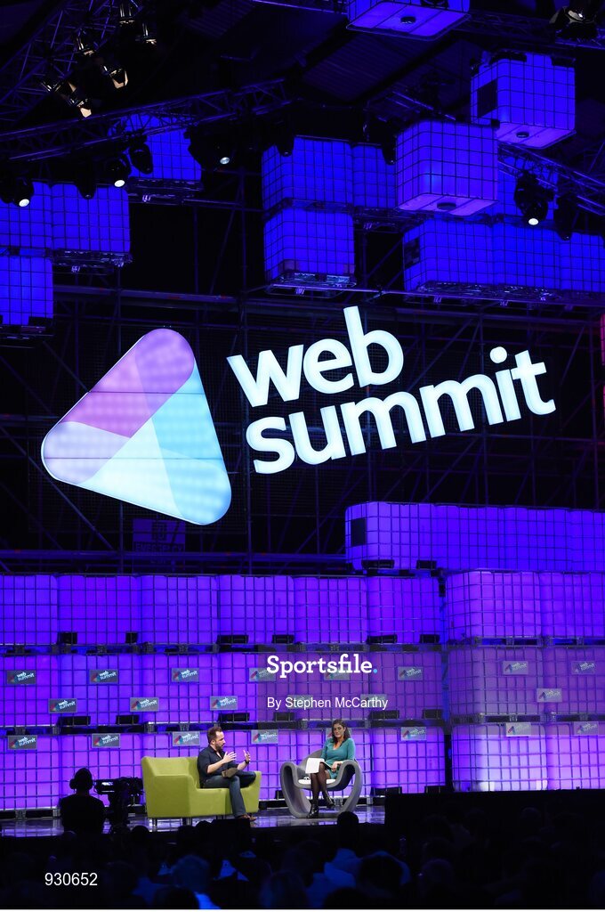 4 November 2014; Drew Houston, Founder, Dropbox, in conversation with Laurie Segall, CNN, on the centre stage during Day 1 of the 2014 Web Summit in the RDS, Dublin, Ireland. Picture credit: Stephen McCarthy / SPORTSFILE / Web Summit