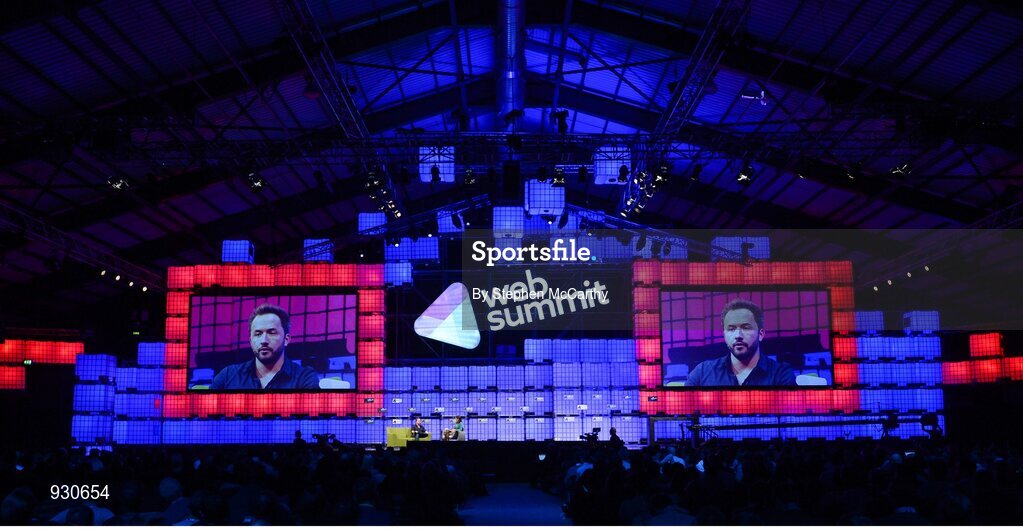 4 November 2014; Drew Houston, Founder, Dropbox, on the centre stage during Day 1 of the 2014 Web Summit in the RDS, Dublin, Ireland. Picture credit: Stephen McCarthy / SPORTSFILE / Web Summit