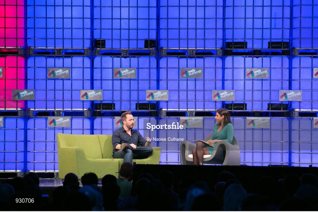 4 November 2014; Drew Houston, Founder, Dropbox, in Conversation with Laurie Segall, CNN, on the centre stage during Day 1 of the 2014 Web Summit in the RDS, Dublin, Ireland. Picture credit: Naoise Culhane / SPORTSFILE / Web Summit