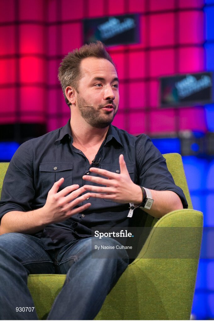 4 November 2014; Drew Houston, Founder, Dropbox, in Conversation with Laurie Segall, CNN, on the centre stage during Day 1 of the 2014 Web Summit in the RDS, Dublin, Ireland. Picture credit: Naoise Culhane / SPORTSFILE / Web Summit