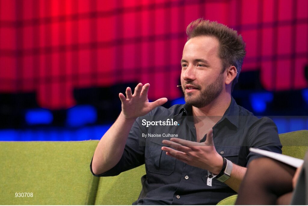 4 November 2014; Drew Houston, Founder, Dropbox, in Conversation with Laurie Segall, CNN, on the centre stage during Day 1 of the 2014 Web Summit in the RDS, Dublin, Ireland. Picture credit: Naoise Culhane / SPORTSFILE / Web Summit