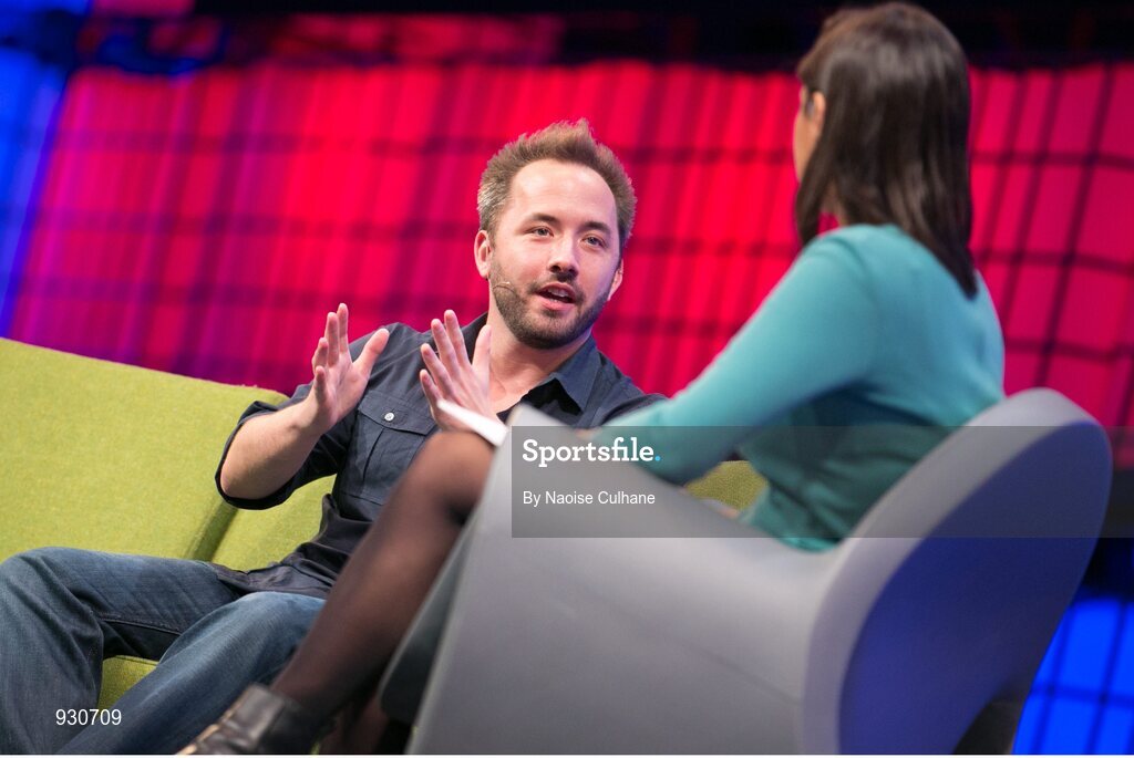 4 November 2014; Drew Houston, Founder, Dropbox, in Conversation with Laurie Segall, CNN, on the centre stage during Day 1 of the 2014 Web Summit in the RDS, Dublin, Ireland. Picture credit: Naoise Culhane / SPORTSFILE / Web Summit