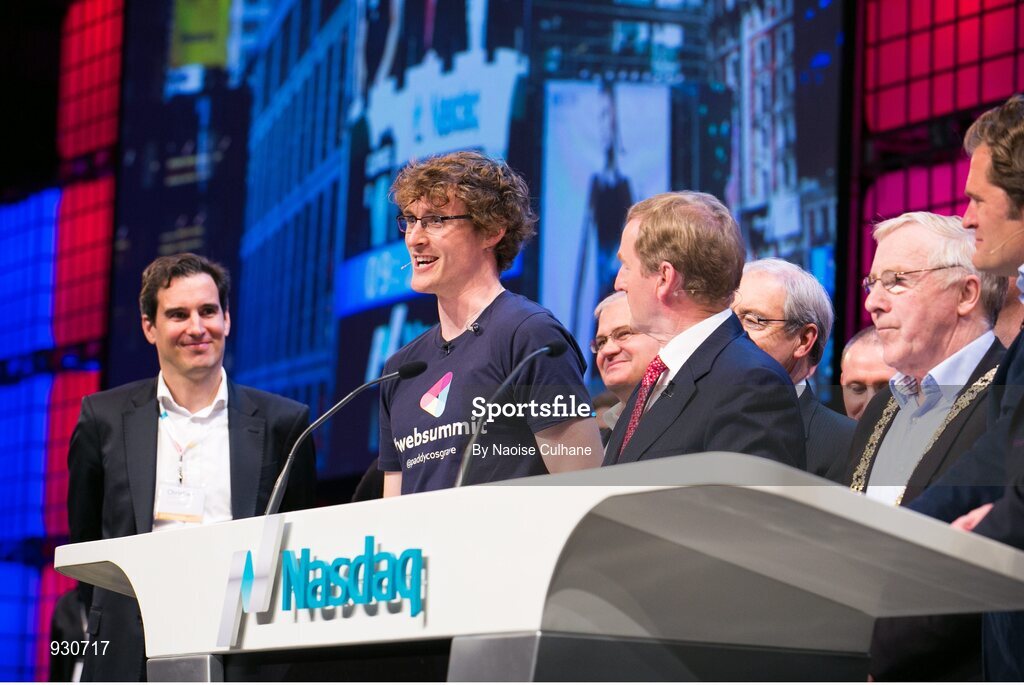 4 November 2014; Paddy Cosgrave, Founder and CEO, Web Summit, alongside An Taoiseach Enda Kenny,  before the ringing of the NASDAQ bell, on the centre stage during Day 1 of the 2014 Web Summit in the RDS, Dublin, Ireland. Picture credit: Naoise Culhane / SPORTSFILE / Web Summit