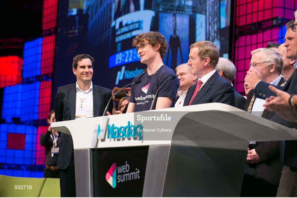 4 November 2014; Paddy Cosgrave, Founder and CEO, Web Summit, alongside An Taoiseach Enda Kenny,  before the ringing of the NASDAQ bell, on the centre stage during Day 1 of the 2014 Web Summit in the RDS, Dublin, Ireland. Picture credit: Naoise Culhane / SPORTSFILE / Web Summit