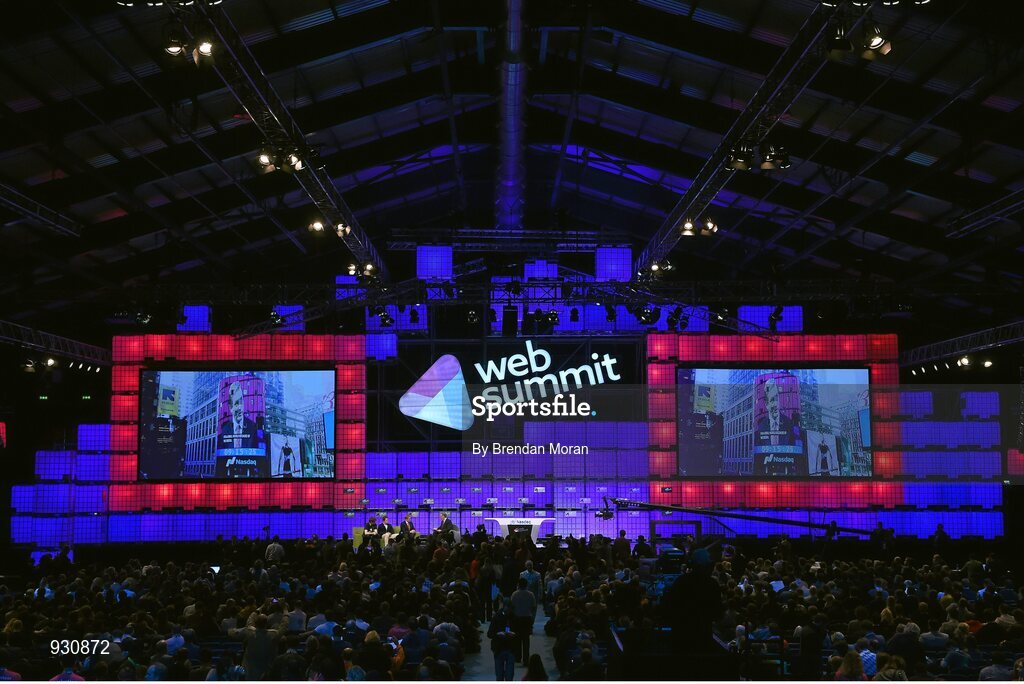 4 November 2014; An Taoiseach Enda Kenny, in conversation with broadcaster Pat Kenny, right, in the company of Paddy Cosgrave, left, Founder and CEO, Web Summit; and Adam Kostyál, Head of European Listings, NASDAQ OMX, on the centre stage during Day 1 of the 2014 Web Summit in the RDS, Dublin, Ireland. Picture credit: Brendan Moran / SPORTSFILE / Web Summit