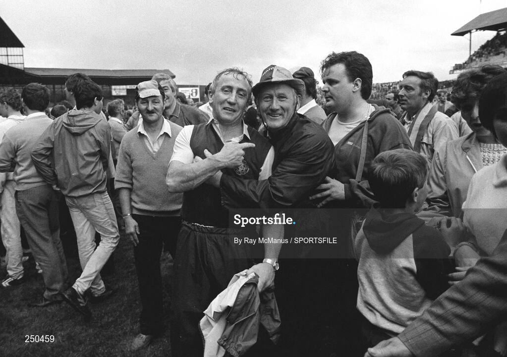 27 July 1986; Meath manager Sean Boylan, left, celebrates after the game. Leinster Senior Football Final, Meath v Dublin, Croke Park, Dublin. Picture credit; Ray McManus / SPORTSFILE