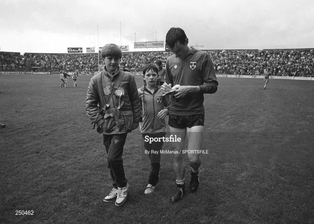 27 July 1986; Dublin goalkeeper John O'Leary signs autographs for young fans after the game. Leinster Senior Football Final, Meath v Dublin, Croke Park, Dublin. Picture credit; Ray McManus / SPORTSFILE