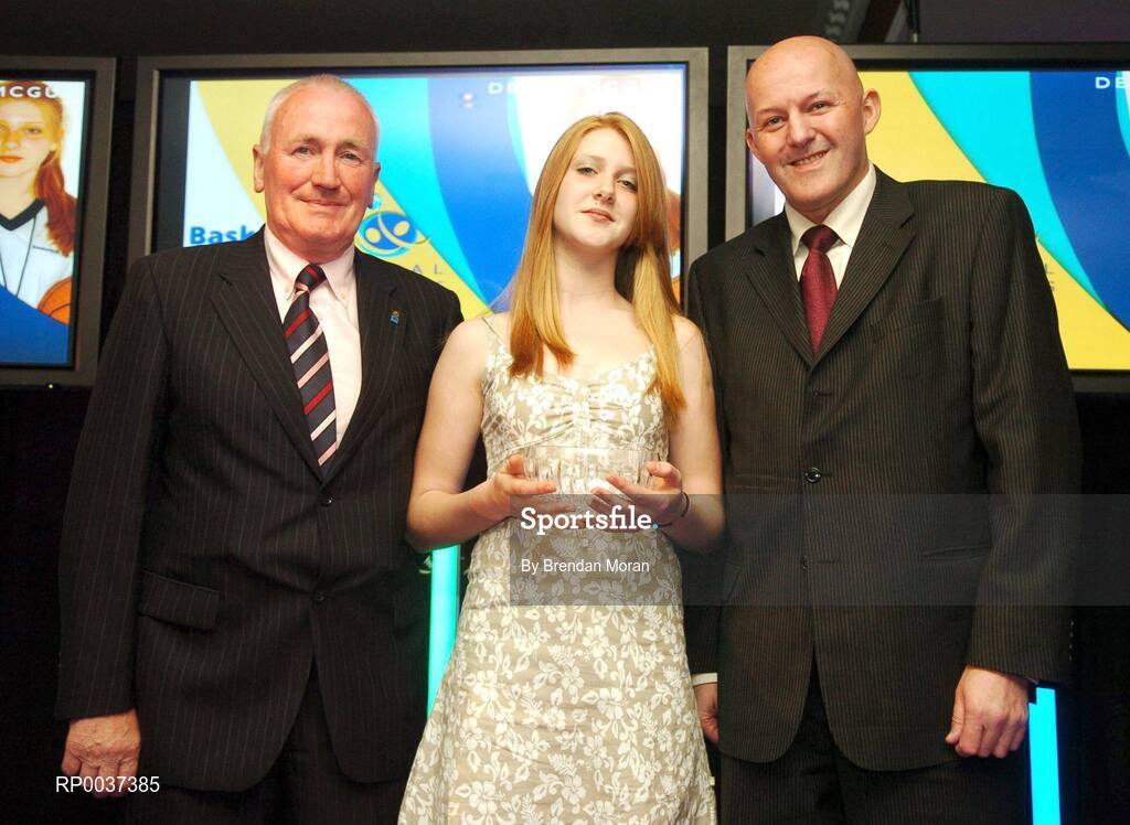 26 May 2007; Devon McGuirk, from Kildare, is presented with the Young Referee of the Year award by Tony Burke, left, and Tony Colgan, President of Basketball Ireland. Basketball Ireland Annual Awards 2007, Citywest Hotel, Conference, Leisure & Golf Resort, Saggart, Co Dublin. Picture credit: Brendan Moran / SPORTSFILE