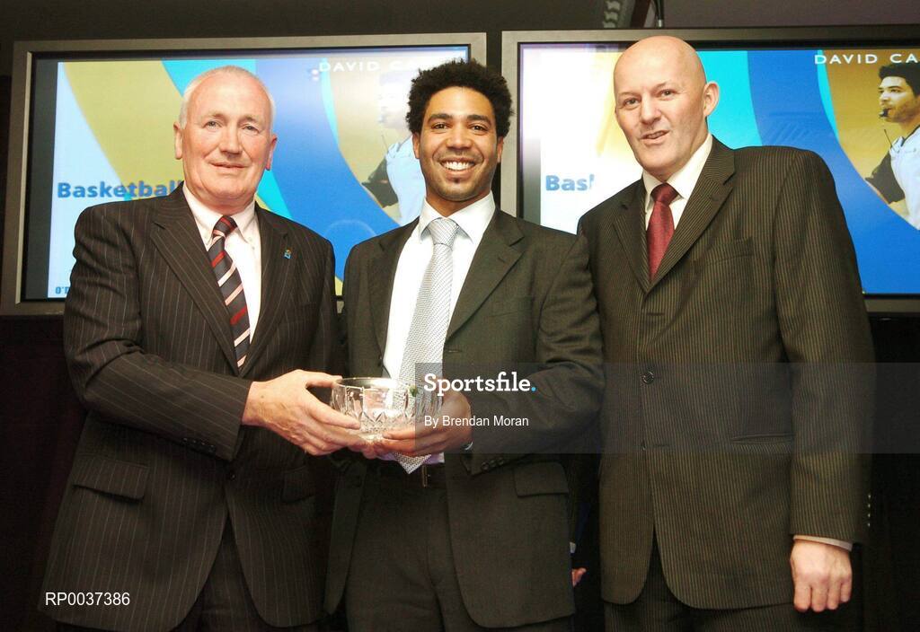 26 May 2007; David Caballe, from Mullingar, Co. Westmeath, is presented with the Referee of the Year award by Tony Burke, left, and Tony Colgan, President of Basketball Ireland. Basketball Ireland Annual Awards 2007, Citywest Hotel, Conference, Leisure & Golf Resort, Saggart, Co Dublin. Picture credit: Brendan Moran / SPORTSFILE