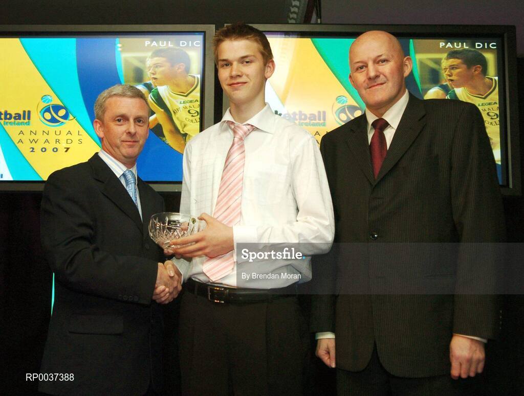 26 May 2007; Paul Dick, St Malachy's, Belfast, Co. Antrim, is presented with the Male Under 16 Player of the Year award by Timmy Murphy, left, and Tony Colgan, President of Basketball Ireland. Basketball Ireland Annual Awards 2007, Citywest Hotel, Conference, Leisure & Golf Resort, Saggart, Co Dublin. Picture credit: Brendan Moran / SPORTSFILE