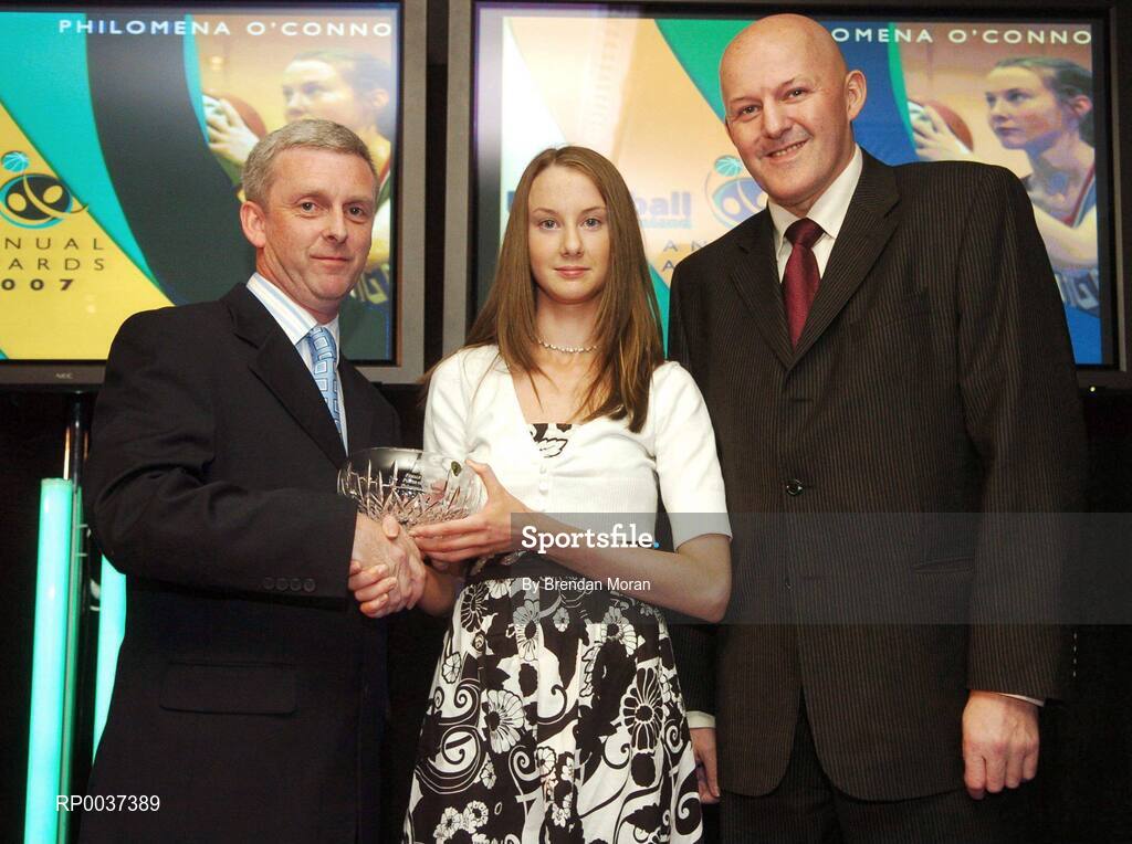 26 May 2007; Philomena O'Connor, Presentation Castleisland, Co. Kerry, is presented with the Female Under 16 Player of the Year award by Timmy Murphy, left, and Tony Colgan, President of Basketball Ireland. Basketball Ireland Annual Awards 2007, Citywest Hotel, Conference, Leisure & Golf Resort, Saggart, Co Dublin. Picture credit: Brendan Moran / SPORTSFILE