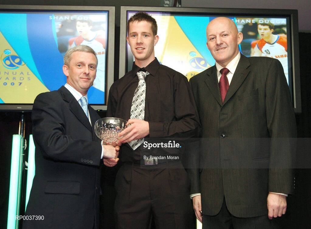 26 May 2007; Shane Duggan, Blue Demons, Cork, is presented with the Male Under 20 Player of the Year award by Timmy Murphy, left, and Tony Colgan, President of Basketball Ireland. Basketball Ireland Annual Awards 2007, Citywest Hotel, Conference, Leisure & Golf Resort, Saggart, Co Dublin. Picture credit: Brendan Moran / SPORTSFILE