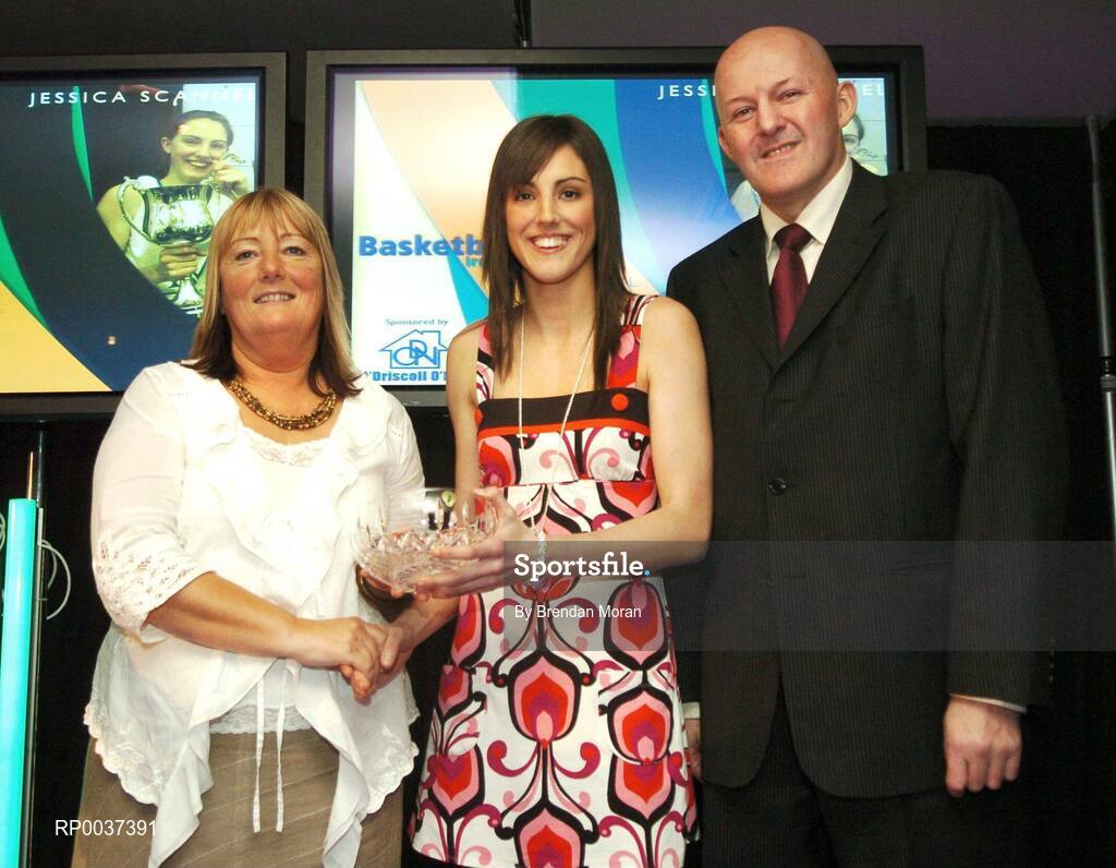 26 May 2007; Jessica Scannell, Glanmire, Cork, is presented with the Female Under 20 Player of the Year award by Ardene O'Neill, left, and Tony Colgan, President of Basketball Ireland. Basketball Ireland Annual Awards 2007, Citywest Hotel, Conference, Leisure & Golf Resort, Saggart, Co Dublin. Picture credit: Brendan Moran / SPORTSFILE