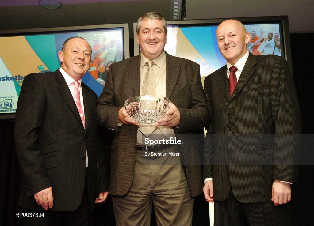 26 May 2007; Mick McEvoy, Chairman, Killester Basketball Club, Dublin, is presented with the Club of the Year award by Niall O'Driscoll, left, and Tony Colgan, President of Basketball Ireland. Basketball Ireland Annual Awards 2007, Citywest Hotel, Conference, Leisure & Golf Resort, Saggart, Co Dublin. Picture credit: Brendan Moran / SPORTSFILE