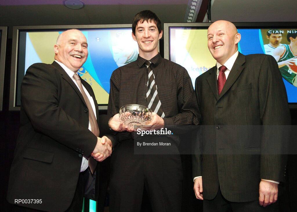 26 May 2007; Cian Nihill, Moycullen, Co. Galway, is presented with the Senior Men's Player of the Year award by Sean O'Reilly, left, and Tony Colgan, President of Basketball Ireland. Basketball Ireland Annual Awards 2007, Citywest Hotel, Conference, Leisure & Golf Resort, Saggart, Co Dublin. Picture credit: Brendan Moran / SPORTSFILE