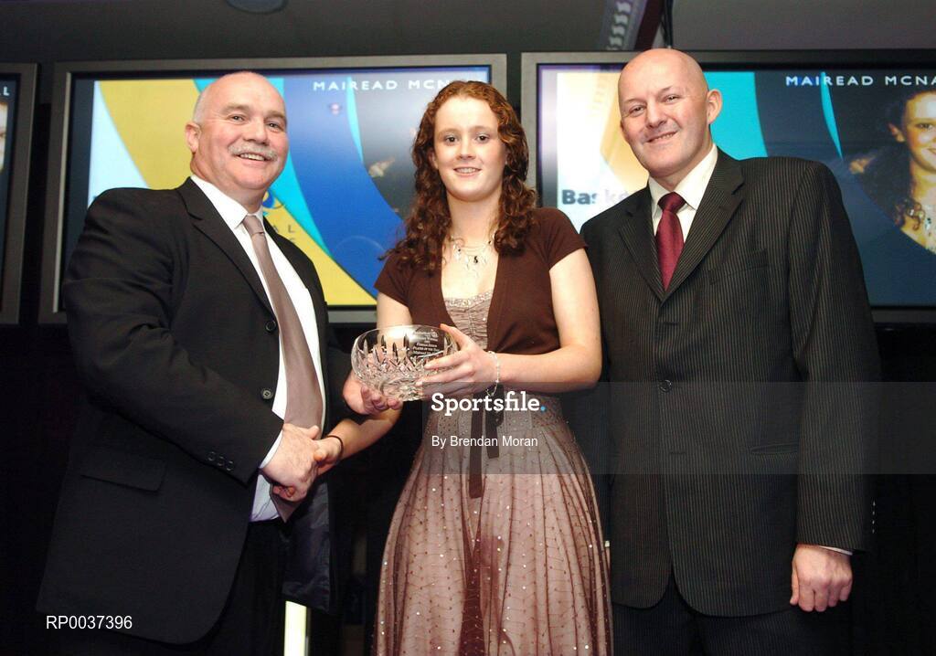 26 May 2007; Mairead McNally, Belfast Rockets, Belfast, Co. Antrim, is presented with the Senior Women's Player of the Year award by Sean O'Reilly, left, and Tony Colgan, President of Basketball Ireland. Basketball Ireland Annual Awards 2007, Citywest Hotel, Conference, Leisure & Golf Resort, Saggart, Co Dublin. Picture credit: Brendan Moran / SPORTSFILE