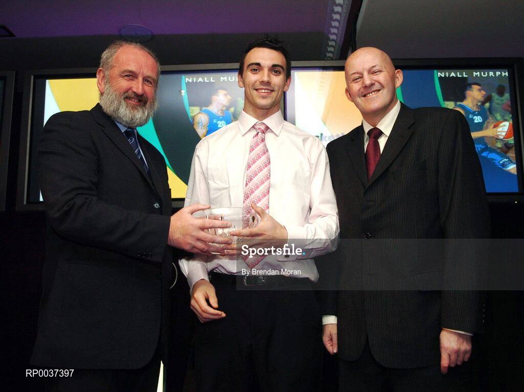 26 May 2007; Niall Murphy, UCC Demons, Cork, is presented with the Superleague Men's Player of the Year award by Paul Meany, left, and Tony Colgan, President of Basketball Ireland. Basketball Ireland Annual Awards 2007, Citywest Hotel, Conference, Leisure & Golf Resort, Saggart, Co Dublin. Picture credit: Brendan Moran / SPORTSFILE