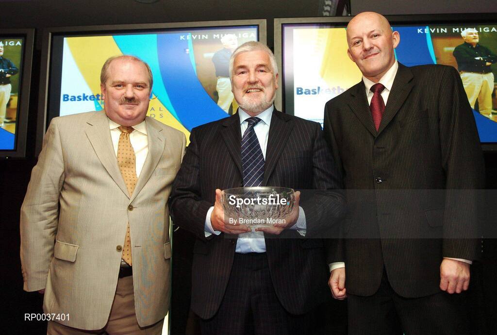 26 May 2007; Kevin Mulligan, Tolka Rovers, Dublin, is presented with the Men's Senior Coach of the Year award by John Landy, left, and Tony Colgan, President of Basketball Ireland. Basketball Ireland Annual Awards 2007, Citywest Hotel, Conference, Leisure & Golf Resort, Saggart, Co Dublin. Picture credit: Brendan Moran / SPORTSFILE