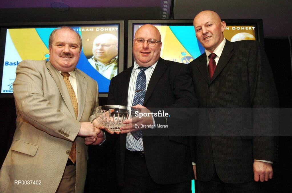 26 May 2007; Kieran Doherty, Donoughmore, Co. Cork, is presented with the Women's Senior Coach of the Year award by John Landy, left, and Tony Colgan, President of Basketball Ireland. Basketball Ireland Annual Awards 2007, Citywest Hotel, Conference, Leisure & Golf Resort, Saggart, Co Dublin. Picture credit: Brendan Moran / SPORTSFILE