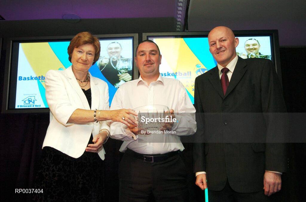 26 May 2007; Mark Scannell, Glanmire, Co. Cork, is presented with the Women's Underage Coach of the Year award by Sheila Gillick, left, and Tony Colgan, President of Basketball Ireland. Basketball Ireland Annual Awards 2007, Citywest Hotel, Conference, Leisure & Golf Resort, Saggart, Co Dublin. Picture credit: Brendan Moran / SPORTSFILE