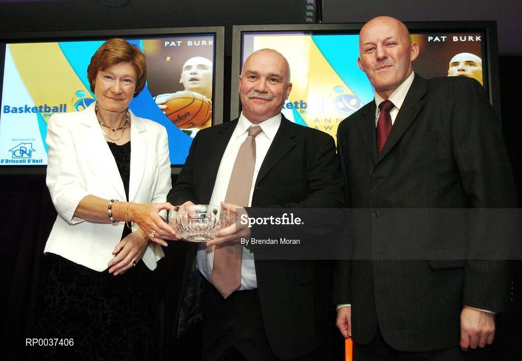 26 May 2007; Sean O'Reilly, receives the Senior Men's International Player of the Year award, on behalf of Pat Burke, from Sheila Gillick, left, and Tony Colgan, President of Basketball Ireland. Basketball Ireland Annual Awards 2007, Citywest Hotel, Conference, Leisure & Golf Resort, Saggart, Co Dublin. Picture credit: Brendan Moran / SPORTSFILE