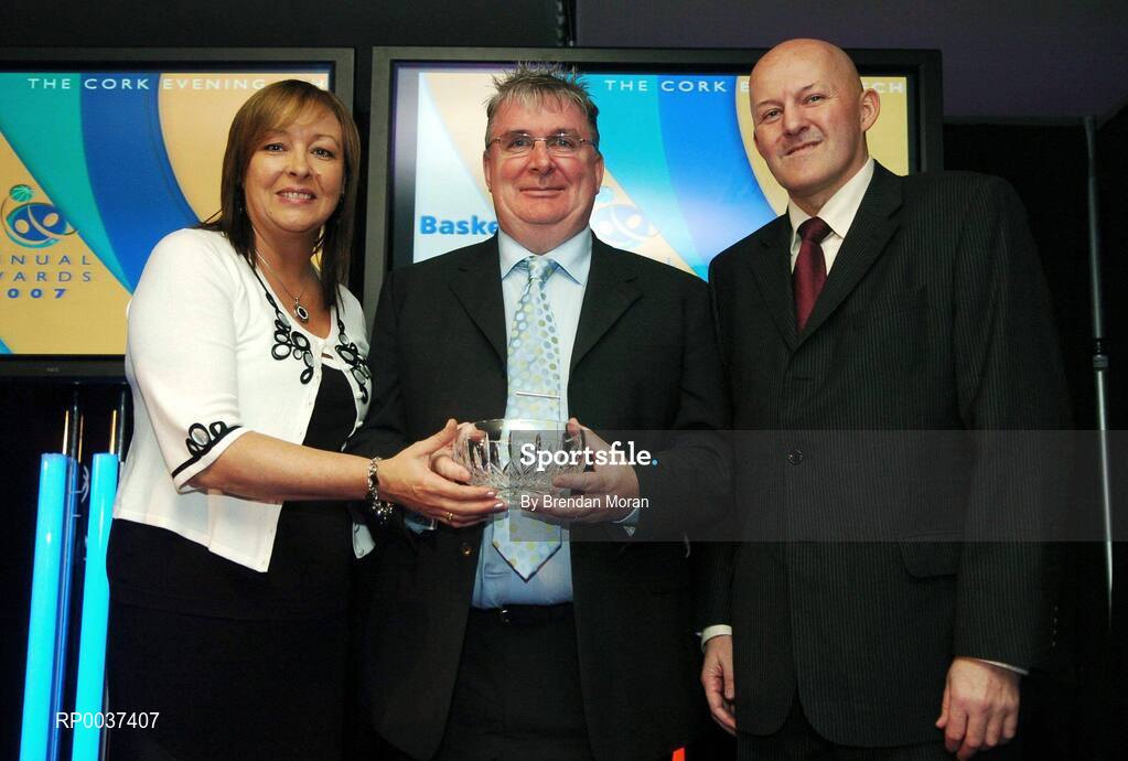26 May 2007; John Coughlan, receives the Media Award on behalf of the Evening Echo, Cork, from Debbie Massey, left, Chief Executive, and Tony Colgan, President, of Basketball Ireland. Basketball Ireland Annual Awards 2007, Citywest Hotel, Conference, Leisure & Golf Resort, Saggart, Co Dublin. Picture credit: Brendan Moran / SPORTSFILE