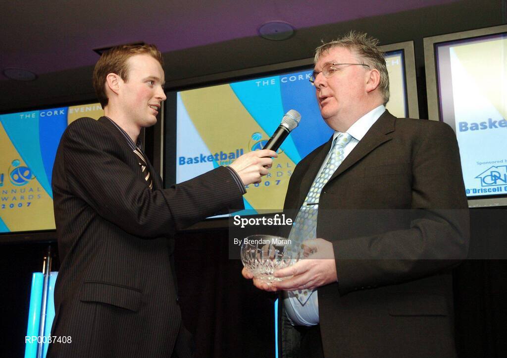 26 May 2007; John Coughlan of the Evening Echo, Cork is interviewed by MC Oisin Langan, after receiving the Media Award. Basketball Ireland Annual Awards 2007, Citywest Hotel, Conference, Leisure & Golf Resort, Saggart, Co Dublin. Picture credit: Brendan Moran / SPORTSFILE
