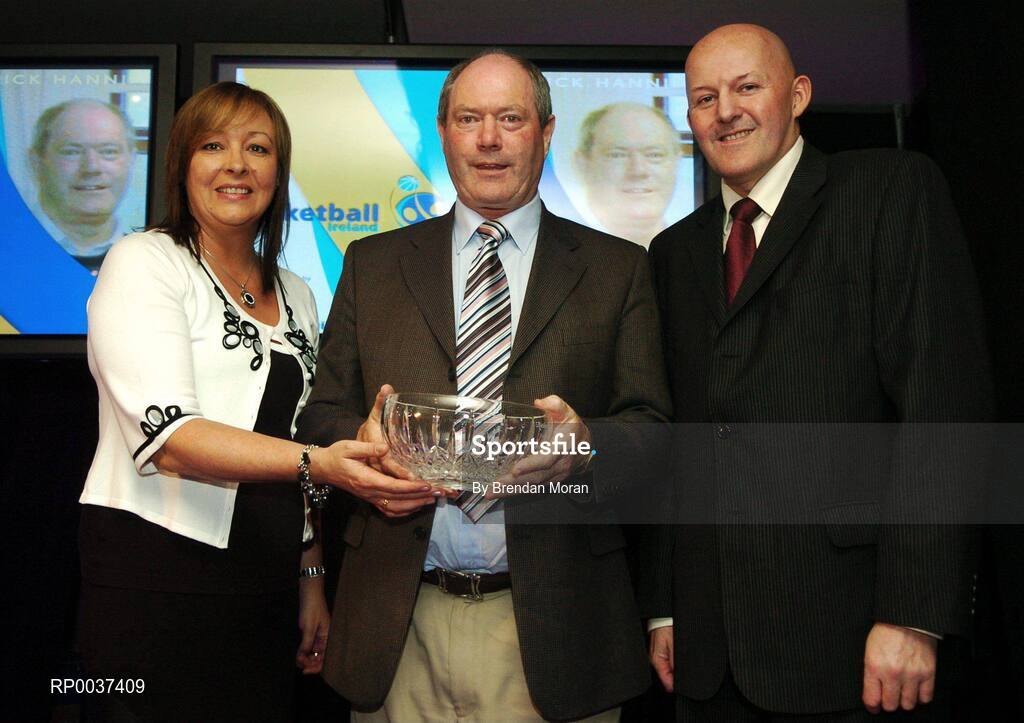 26 May 2007; Mick Hanniffy, Cavan, is presented with the Volunteer award by Debbie Massey, Chief Executive, left, and Tony Colgan, President of Basketball Ireland. Basketball Ireland Annual Awards 2007, Citywest Hotel, Conference, Leisure & Golf Resort, Saggart, Co Dublin. Picture credit: Brendan Moran / SPORTSFILE