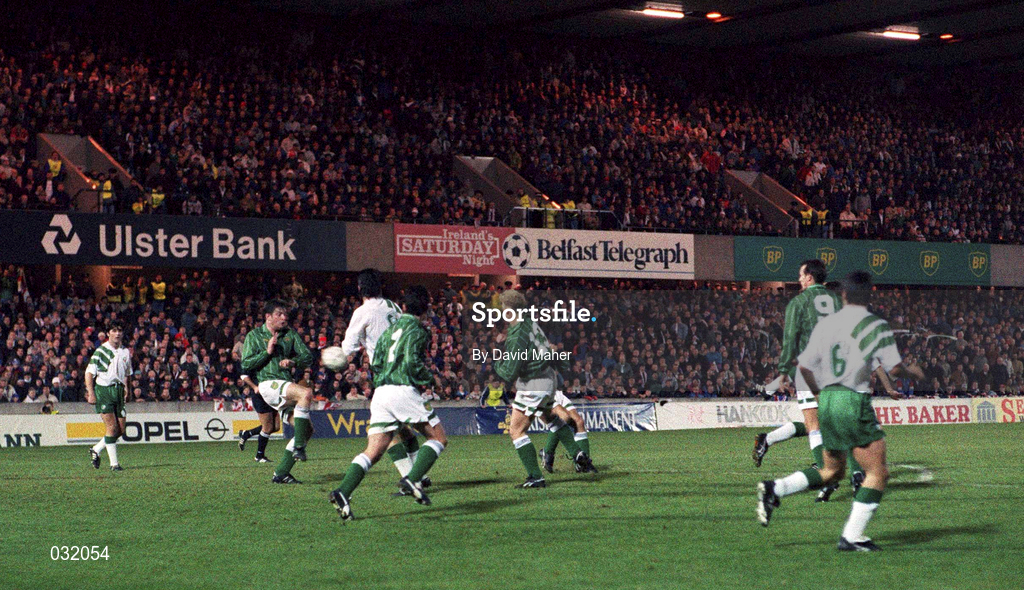 17 November 1993; Republic of Ireland's Alan McLaughlin, hidden, scores his side's equalising goal during the FIFA World Cup Qualifying Group 3 match between Northern Ireland and Republic of Ireland at Windsor Park in Belfast. Photo by David Maher/Sportsfile
