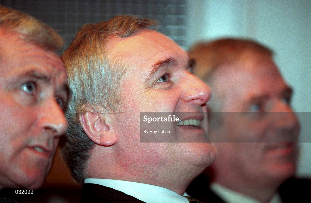 26 January 2000; Minister for Sport, Tourism and Recreation Dr. Jim McDaid T.D., left, An Taoiseach, Mr. Bertie Ahern T.D., centre, and Minister for Finance Charlie McCreevy pictured at the announcement that the government is to proceed immediately with plans to build a 'Campus of Sporting Excellence' to be called Sports Campus Ireland which will have as its centrepiece an 80,000 all seated National Stadium capable of accomodating all field sports. Photo by Ray Lohan/Sportsfile