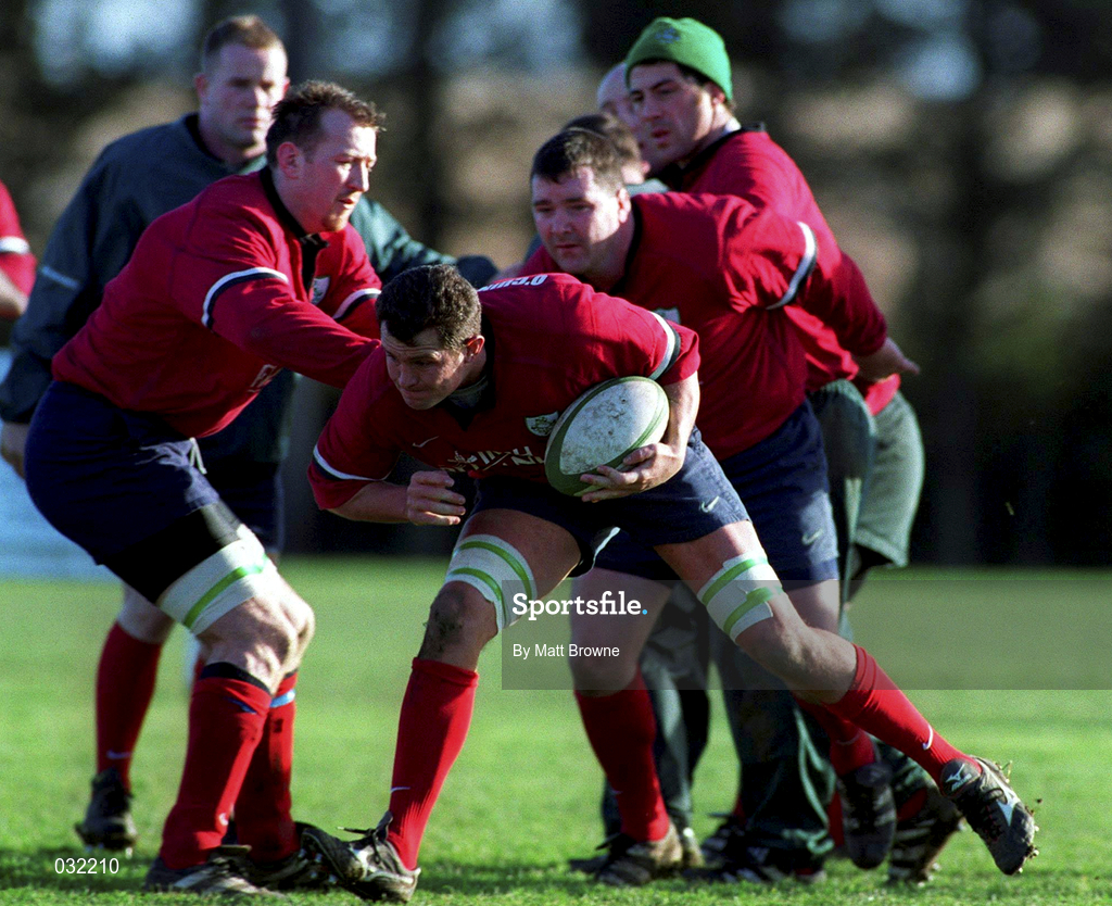 2 February 2000; Dion O'Cuinneagain is tackled by Trevor Brennan during an Ireland Rugby training session at Greystones RFC in Wicklow. Photo by Matt Browne/Sportsfile