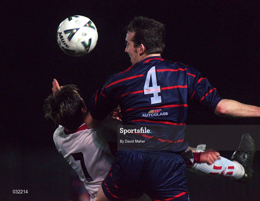 11 January 2000; Donal Broughan of St Patrick's Athletic in action against Michael Keane of Galway United during the Harp Larger FAI Cup Second Round Replay match between St Patrick's Athletic and Galway United at Richmond Park in Dublin. Photo by David Maher/Sportsfile