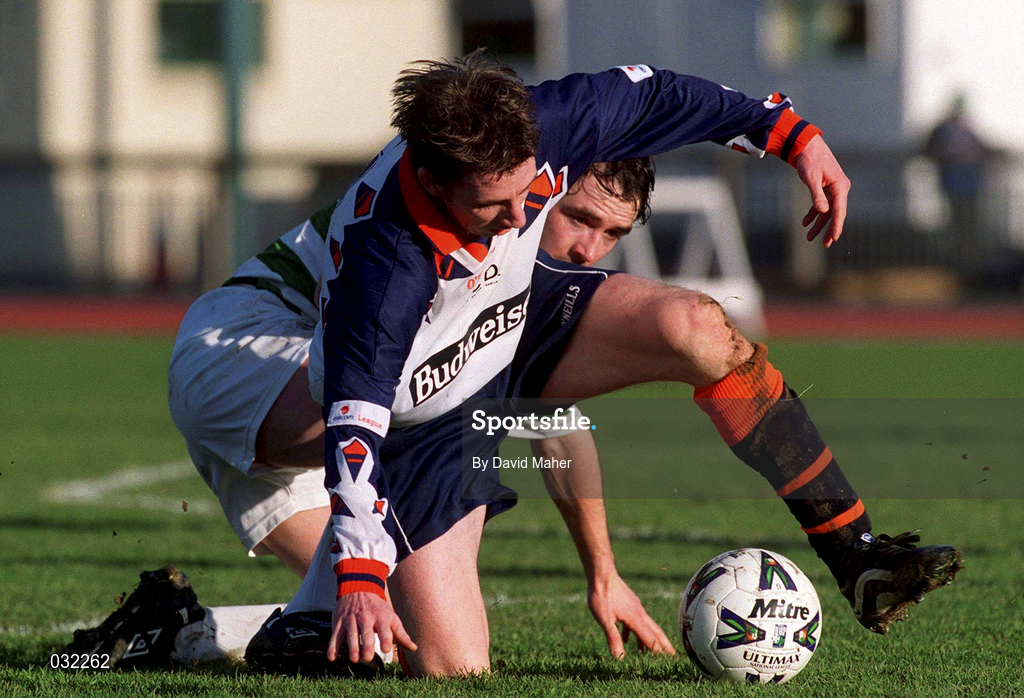 23 January 2000; Eoin Bennis of UCD in action against Matt Britton of Shamrock Rovers during the Eircom League Premier Division match between Shamrock Rovers and UCD at Morton Stadium in Santry, Dublin. Photo by David Maher/Sportsfile