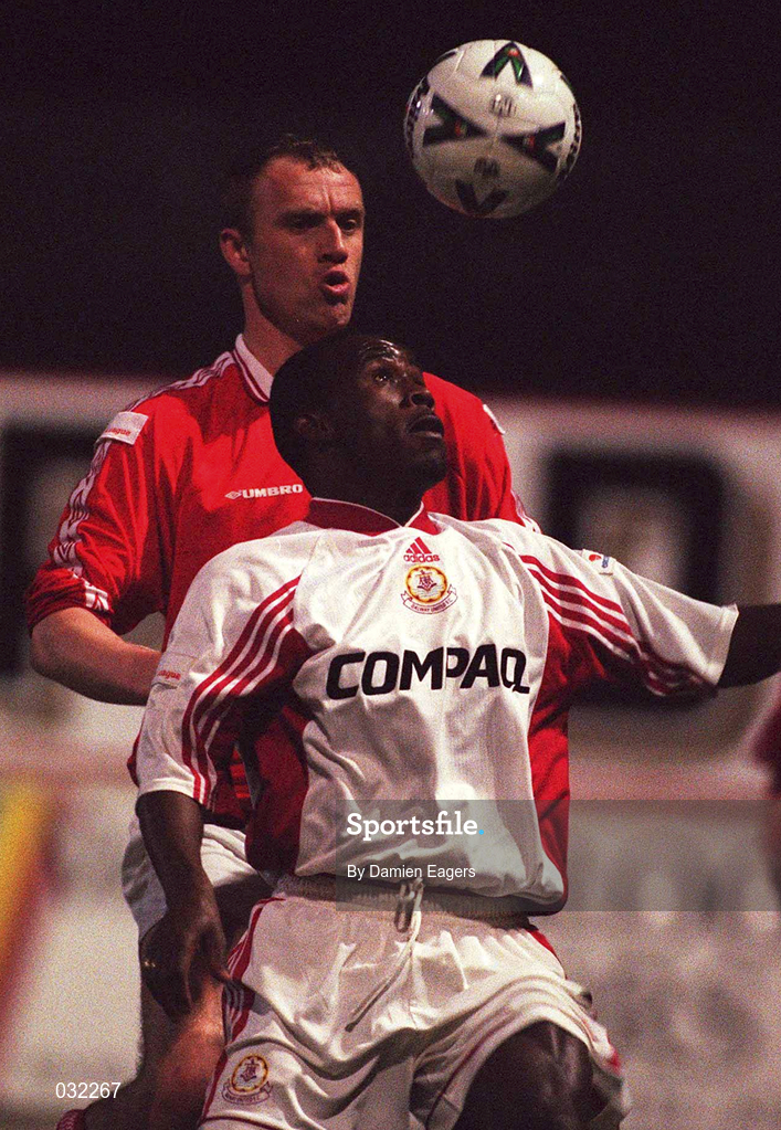 28 January 2000; Eric Lavine of Galway United in action against Tony McCarthy of Shelbourne during the Eircom League Premier Division match between Shelbourne and Galway United at Tolka Park in Dublin. Photo by Damien Eagers/Sportsfile