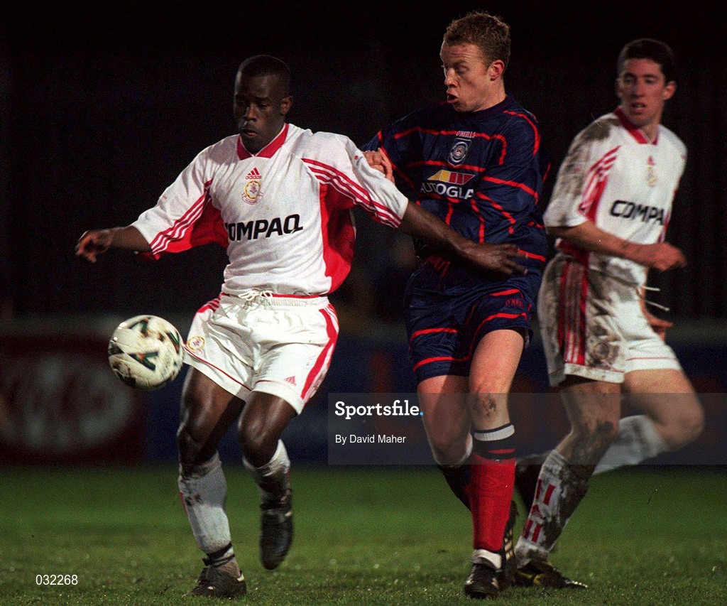 11 January 2000; Eric Levine of Galway United in action against Stephen McGuinness of St Patrick's Athletic during the Harp Larger FAI Cup Second Round Replay match between St Patrick's Athletic and Galway United at Richmond Park in Dublin. Photo by David Maher/Sportsfile