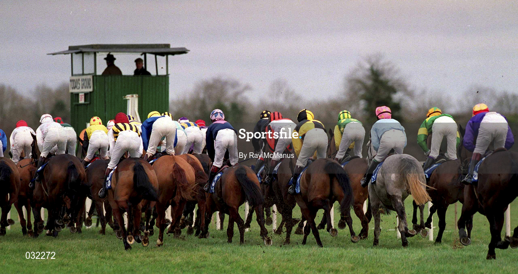 16 January 2000; A general view the runners and riders during the Fairyhouse European Breeders Fund Mares Maiden Hurdle at Fairyhouse Racecourse in Meath. Photo by Ray McManus/Sportsfile