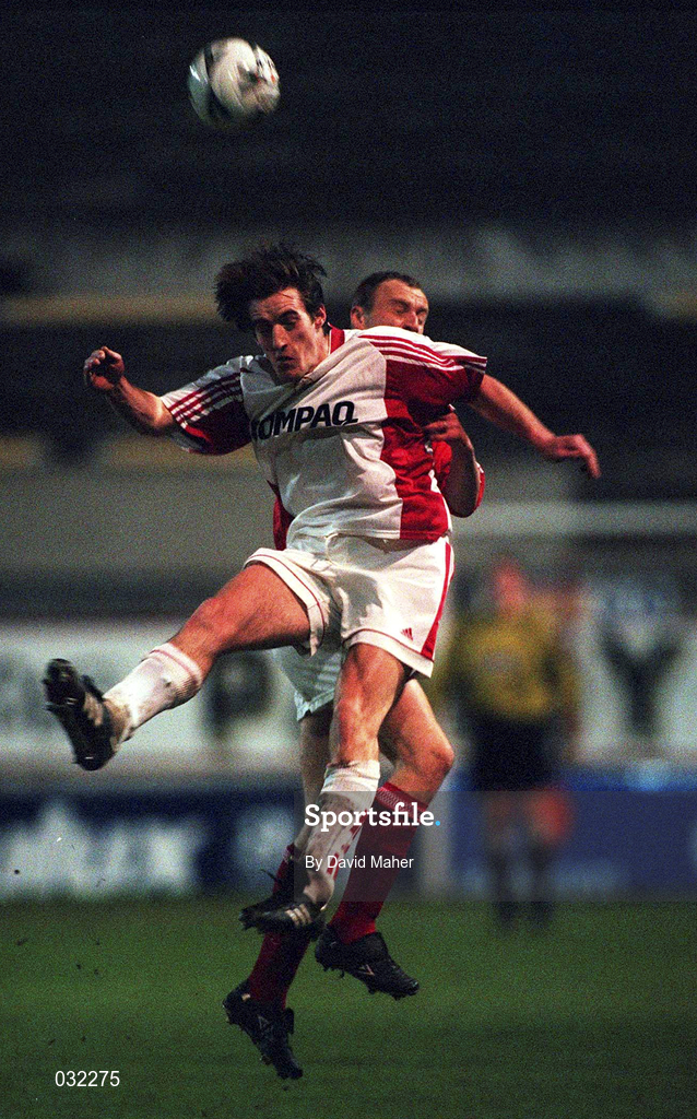 28 January 2000; Fergal Coleman of Galway United in action against Tony McCarthy of Shelbourne during the Eircom League Premier Division match between Shelbourne and Galway United at Tolka Park in Dublin. Photo by David Maher/Sportsfile